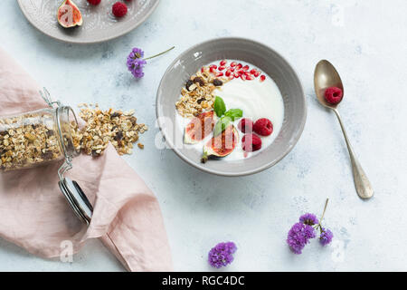Ciotola di yogurt naturale con frutta muesli, lamponi, fichi e i semi di melograno Foto Stock
