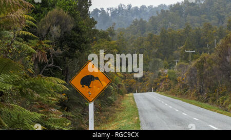 Inquadratura di un kiwi cartello stradale sull'isola del sud della Nuova Zelanda Foto Stock