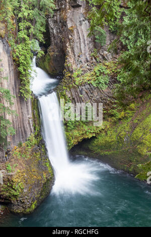 Il North Umpqua River in un flusso di seta su tre livelli di basalto colonnare rockto creare Toketee Falls in Oregon. Foto Stock