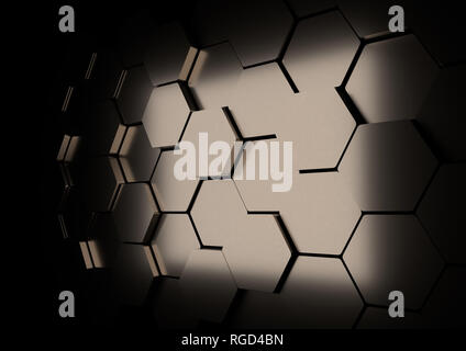 Abstract background esagonale. Il futuristico concetto tecnologico. Il rendering 3d'illustrazione. Parete geometria esagonale pattern. Cellule di carbonio. Poligonale surfa scuro Foto Stock
