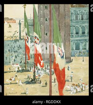 Piazza di San Marco. Artista: Maurice Prendergast Brasile (American, San Giovanni, Terranova 1858-1924 New York). Dimensioni: 16 11/16 x 15 3/8 in. (42,4 x 39,1 cm). Data: ca. 1898-99. Prendergast's acquerelli rappresentano la dimensione preminente della sua scrittura e il veicolo principale del suo modernismo distintivo. Formalmente addestrato a Parigi e influenzato da James A. M. Whistler e Nabis, Prendergast ha proposto un approccio per acquerello segnata da ampiezza e la semplicità del design bilanciato con una sorprendente abilità e discrezione del touch che smentisce le doti di spontaneità e di kinesis t Foto Stock