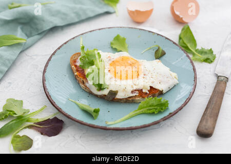 Uovo fritto sulla fetta di pane marrone rivestito con la paprika la crema sulla piastra Foto Stock