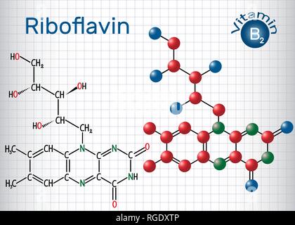 Riboflavina (vitamina B2) , si trova nel cibo e utilizzato come un integratore dietetico. Formula chimica di struttura e la molecola modello. Foglio di carta in un cag Illustrazione Vettoriale