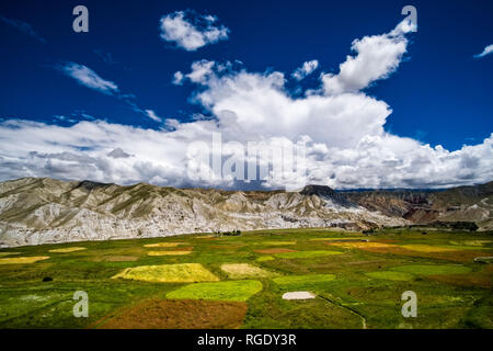 Panoramica vista aerea sul grano saraceno e campi di orzo e il paesaggio arido di Mustang superiore, scure nuvole monsoniche avvicinando Foto Stock