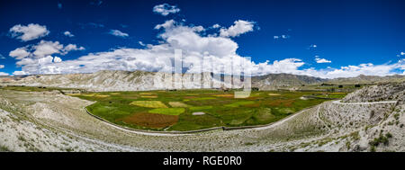 Panoramica vista aerea sul grano saraceno e campi di orzo e il paesaggio arido di Mustang superiore, scure nuvole monsoniche avvicinando Foto Stock