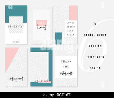 Un set di sei modificabile modelli verticali per i social media storie posti in rosa pastello, bianco, verde e nero. Moda e stile di vita modelli di blog, Illustrazione Vettoriale