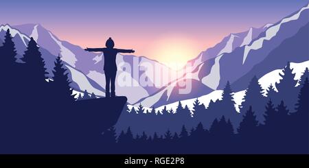 Avventura Trekking in montagna innevata ragazza su una scogliera a sunrise illustrazione vettoriale EPS10 Illustrazione Vettoriale