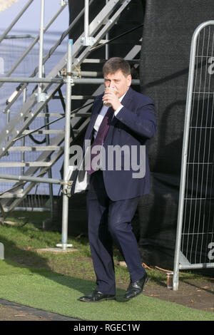 Londra, Regno Unito. 29 gen, 2019. Pro Brexit Andrew Bridgen, conservatori MP per North West Leicestershire intervistato dai media a College Green come membri del Parlamento europeo il dibattito e la votazione su vari emendamenti Brexit compresi Sir Brady l'emendamento per sostituire il fermo antiritorno irlandese e la modifica del lavoro di ritardare Brexit e articolo 50 se nessun accordo viene raggiunto dal 26 febbraio Credito: amer ghazzal/Alamy Live News Foto Stock