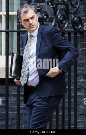 Londra, Regno Unito. Il 29 gennaio, 2019. Julian Smith MP, Chief Whip, foglie 10 Downing Street a seguito di una riunione del gabinetto il giorno delle votazioni in Aula dei comuni sugli emendamenti al Primo Ministro Theresa Maggio finale del ritiro Brexit accordo che potrebbe determinare il contenuto della prossima fase di negoziati con l'Unione europea. Credito: Mark Kerrison/Alamy Live News Foto Stock