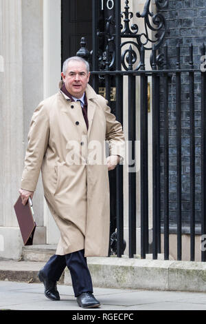 Londra, Regno Unito. Il 29 gennaio, 2019. Geoffrey Cox QC MP, Procuratore Generale, lascia 10 Downing Street a seguito di una riunione del gabinetto il giorno delle votazioni in Aula dei comuni sugli emendamenti al Primo Ministro Theresa Maggio finale del ritiro Brexit accordo che potrebbe determinare il contenuto della prossima fase di negoziati con l'Unione europea. Credito: Mark Kerrison/Alamy Live News Foto Stock