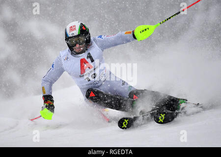 Stefano lordo (ITA), azione, azione unica, immagine singola, tagliate, corpo pieno Shot, figura intera. Sci alpino, gara, 79. Hahnenkamm race 2019, slalom speciale maschile, uomini, Kitzbuehel, Hahnenkamm, 26.01.2019. | Utilizzo di tutto il mondo Foto Stock