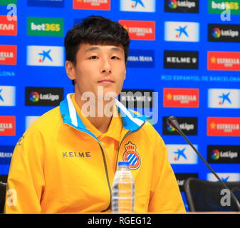 Barcellona, Spagna. Il 29 gennaio, 2019. Wu Lei è presentato come un nuovo RCD Espanyol player del RCD Stadium Credito: Joma/Alamy Live News Foto Stock