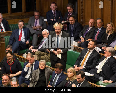 Londra, Gran Bretagna. 29 gen, 2019. Boris Johnson (C), ex Segretario degli esteri britannico ed ex-sindaco di Londra, partecipa a una discussione sulla trattativa Brexit emendamenti alla Camera dei Comuni a Londra, Gran Bretagna, il 29 gennaio, 2019. Credit: UK europeo/Mark Duffy/Xinhua/Alamy Live News Foto Stock