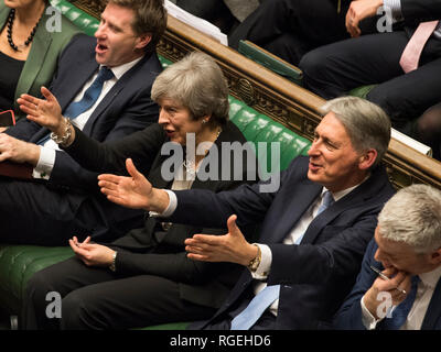 Londra, Gran Bretagna. 29 gen, 2019. Il Primo Ministro inglese Theresa Maggio (terza R) partecipa a una discussione sulla trattativa Brexit emendamenti alla Camera dei Comuni a Londra, Gran Bretagna, il 29 gennaio, 2019. Credit: UK europeo/Mark Duffy/Xinhua/Alamy Live News Foto Stock