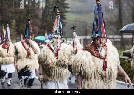 Zubieta, Navarra, Spagna. 29 gen, 2019. I partecipanti della tradizionale Zubieta carnevale vestito come ''joaldunaks'' marciando per le strade del villaggio. Credito: Celestino Arce Lavin/ZUMA filo/Alamy Live News Foto Stock