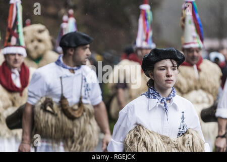 Zubieta, Navarra, Spagna. 29 gen, 2019. I partecipanti della tradizionale Zubieta carnevale vestito come ''joaldunak'' marciando per le strade del villaggio. Credito: Celestino Arce Lavin/ZUMA filo/Alamy Live News Foto Stock