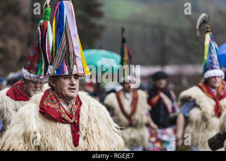 Zubieta, Navarra, Spagna. 29 gen, 2019. Partecipante del tradizionale carnevale Zubieta vestito come ''joaldunak'' marciando per le strade del villaggio. Credito: Celestino Arce Lavin/ZUMA filo/Alamy Live News Foto Stock