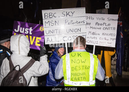 Londra, Regno Unito. Il 29 gennaio, 2019. Rivale pro- e anti-Brexit manifestanti raccogliere al di fuori del Parlamento sotto la pioggia come MPs votazione sugli emendamenti al Primo Ministro Brexit finale accordo di ritiro che potrebbe determinare il contenuto della prossima fase di negoziati con l'Unione europea. Credito: Mark Kerrison/Alamy Live News Foto Stock