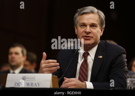 Washington DC, Stati Uniti d'America. Il 29 gennaio, 2019. Direttore Christopher Wray, Federal Bureau of Investigation (FBI) testimonia davanti al Senato degli Stati Uniti di Comitato di selezione sulla Intelligence durante un' audizione aperta su "minacce a livello mondiale' sulla Capitol Hill. Credito: Martin H. Simon/CNP /MediaPunch Credito: MediaPunch Inc/Alamy Live News Foto Stock