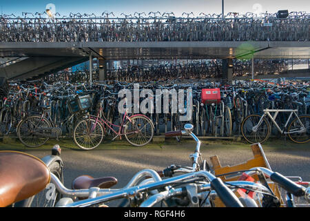 Centinaia di biciclette parcheggiate in un apposito parcheggio garage per biciclette vicino alla stazione centrale di Amsterdam. Foto Stock