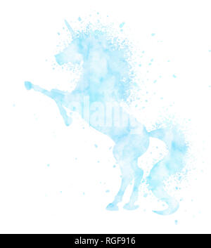 Acquerello unicorn silhouette con pittura a spruzzo isolati su sfondo bianco. Magia blu creatura illustrazione. Foto Stock