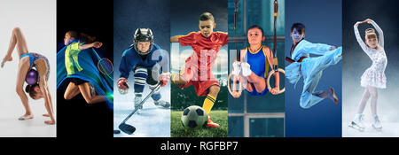 Attacco. Sport collage circa teen o atleti minorenni o giocatori. Il calcio, badminton, hockey su ghiaccio, pattinaggio artistico, karate arti marziali, ginnastica ritmica. Bambini e bambine in azione o il movimento Foto Stock