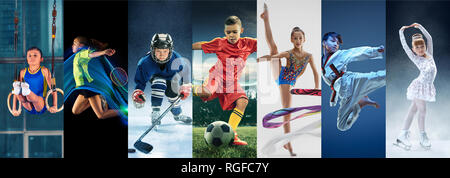 Attacco. Sport collage circa teen o atleti minorenni o giocatori. Il calcio, badminton, hockey su ghiaccio, pattinaggio artistico, karate arti marziali, ginnastica ritmica. Bambini e bambine in azione o il movimento Foto Stock