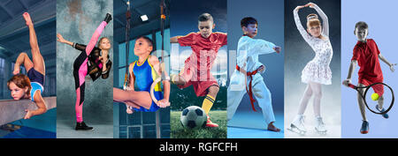 Sport collage circa teen o atleti minorenni o giocatori. Il calcio, pattinaggio artistico, tennis, karate arti marziali, ginnastica ritmica. Bambini e bambine in azione o il movimento Foto Stock