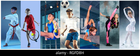 Sport collage circa teen o atleti minorenni o giocatori. Il calcio, pattinaggio artistico, tennis, karate arti marziali, ginnastica ritmica. Bambini e bambine in azione o il movimento Foto Stock