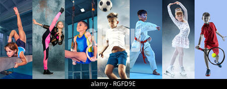 Sport collage circa teen o atleti minorenni o giocatori. Il calcio, pattinaggio artistico, tennis, karate arti marziali, ginnastica ritmica. Bambini e bambine in azione o il movimento Foto Stock