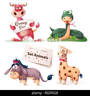 Vacca, snake, asino, giraffa - impostare gli animali. Illustrazione Vettoriale
