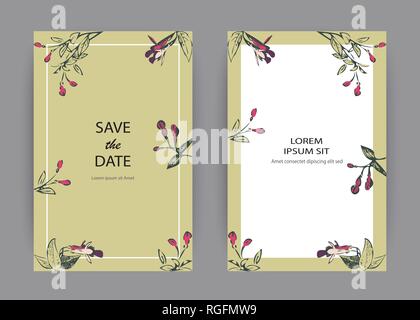 Botanical invito a nozze card modello di progettazione, disegnati a mano fuchsia fiori e foglie, color pastello vintage rurale con cornice quadrata in backgr verde Illustrazione Vettoriale