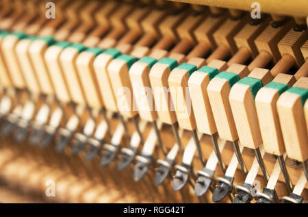 Vista ravvicinata di martelli dentro il pianoforte. Foto Stock