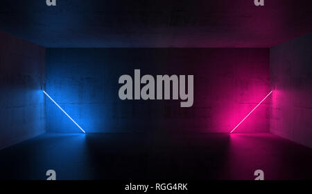 Abstract vuoto scuri interni in calcestruzzo con colorate luci al neon, 3D Rendering immagine Foto Stock