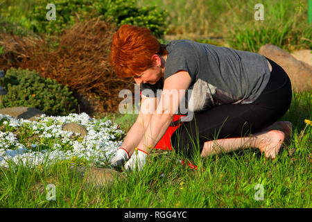 Una donna si nasconde la primavera nel giardino. Pulisce dal vecchio e appassiti rametti. Foto Stock