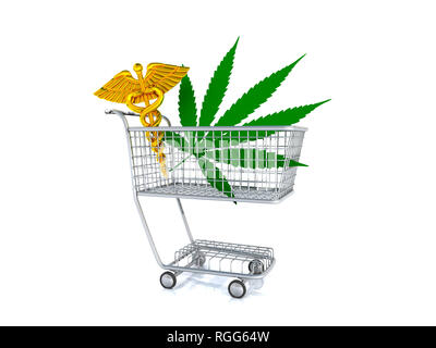La marijuana e il caduceo in un carrello della spesa. Foto Stock