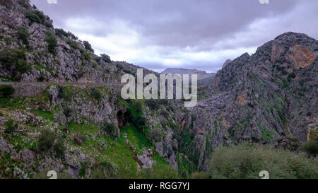 La torsione strada di montagna nella Sierra di Grazalema vicino la Cueva del Hundidero e Montejaque, Spagna Foto Stock