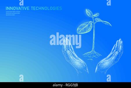 Mani impianto ecologico di germogli concetto astratto. 3D render piantina foglie. Salvare il pianeta ambiente natura grow life eco triangoli poligono Illustrazione Vettoriale