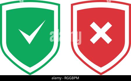 Scudi con segno di spunta e croce set di icone. Il rosso e il verde la protezione con il segno di spunta e il segno x. Protezione, sicurezza, affidabilità concetti. Vecto Illustrazione Vettoriale