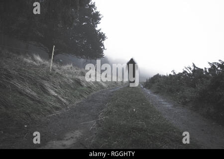 Un spooky sfocata incappucciati spettrale figura su un sentiero di campagna in un giorno di nebbia. Con un muto, granulose modifica. Foto Stock