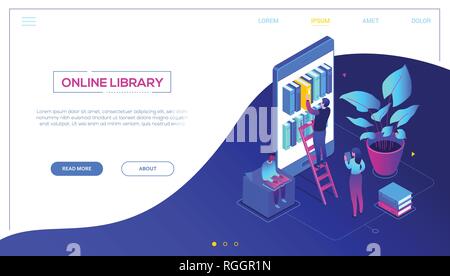 Libreria Online - moderno colorato vettore isometrica di banner per il web Illustrazione Vettoriale