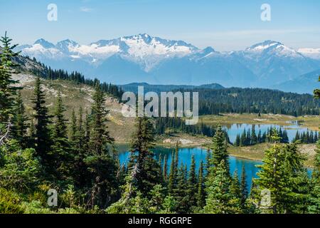 Piccoli laghi di fronte montagne innevate, Garibaldi Provincial Park, British Columbia, Canada Foto Stock