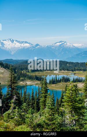 Piccoli laghi di fronte montagne innevate, Garibaldi Provincial Park, British Columbia, Canada Foto Stock