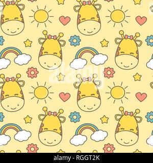 Carino bella perfetta configurazione vettore sfondo. illustrazione per ragazzi con il cartoon giraffe, sun, rainbow, cuore, stella e fiore Illustrazione Vettoriale