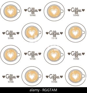 Carino top view tazzine da caffè laici piatto senza cuciture disegno vettoriale illustrazione dello sfondo Illustrazione Vettoriale