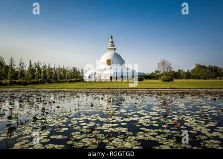 Japanese Pagoda della Pace, uno dei molti international templi buddisti che circonda il luogo di nascita di Buddha Siddharta Gautama Foto Stock