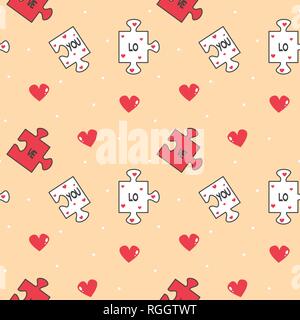 Cartoon carino romantico vettore seamless pattern illustrazione dello sfondo con i pezzi del puzzle e cuori Illustrazione Vettoriale