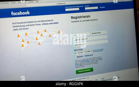 Facebook social network, homepage con il modulo di iscrizione, logo, internet, screenshot, dettaglio, Germania Foto Stock