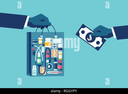 Vettore pacchetto completo di medicinali e forniture mediche. Acquisto e consegna di farmaci e prodotti da farmacia concept Illustrazione Vettoriale