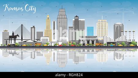 Kansas City Missouri Skyline con edifici di colore, cielo blu e riflessi. Illustrazione Vettoriale. Viaggi di affari e turismo Concept. Illustrazione Vettoriale